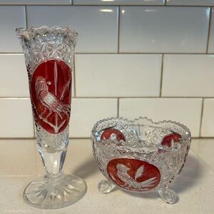 Hofbauer Byrdes Crystal Vase and Bowl Set with Red Accents
